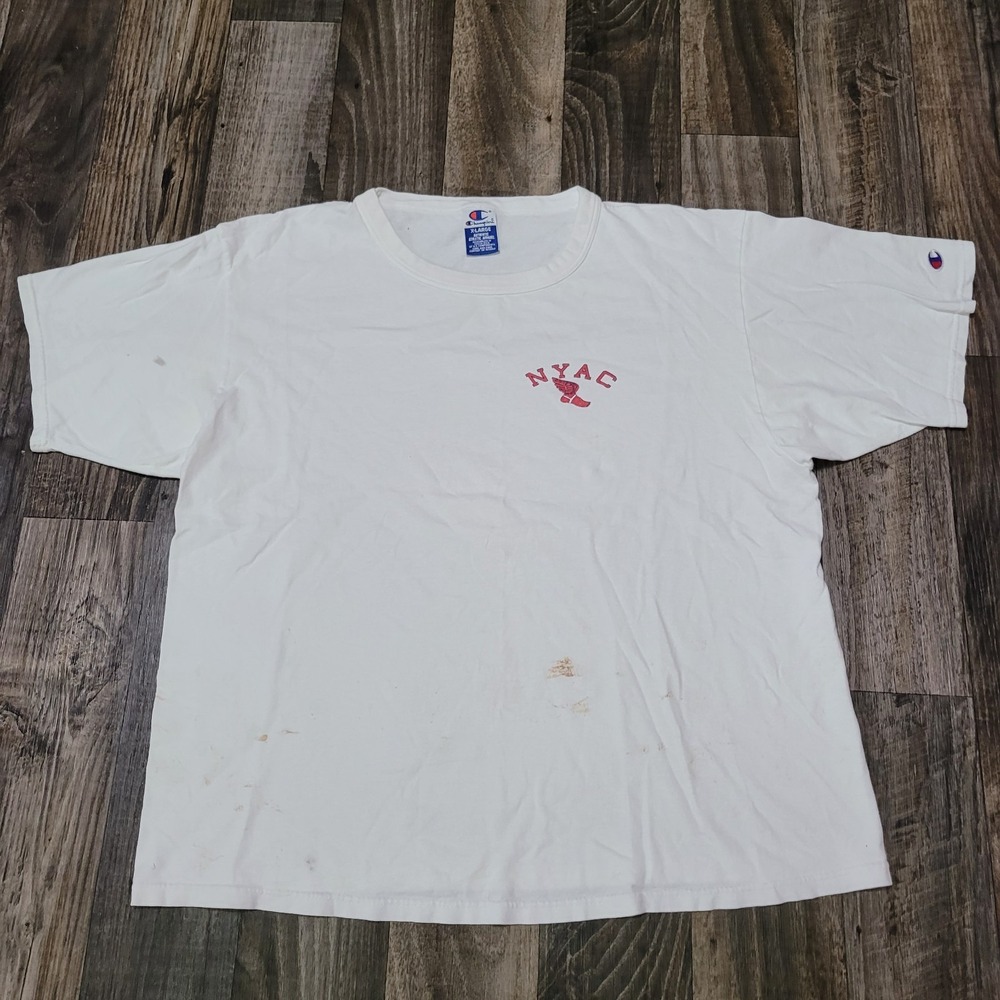 Vtg Champion NYAC New York Athletic Club White Tee Size XL Foot Logo (Stains)